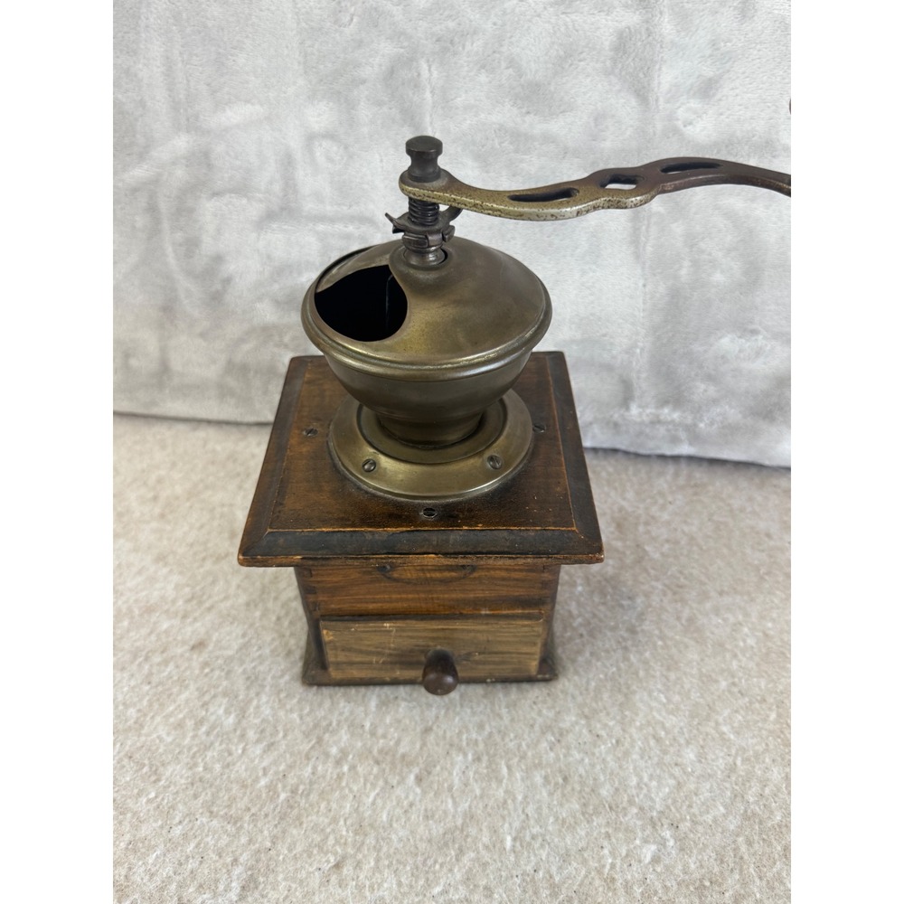 Antique Wooden Manual Coffee Grinder Brass Metal Hopper Crank Handle Mill